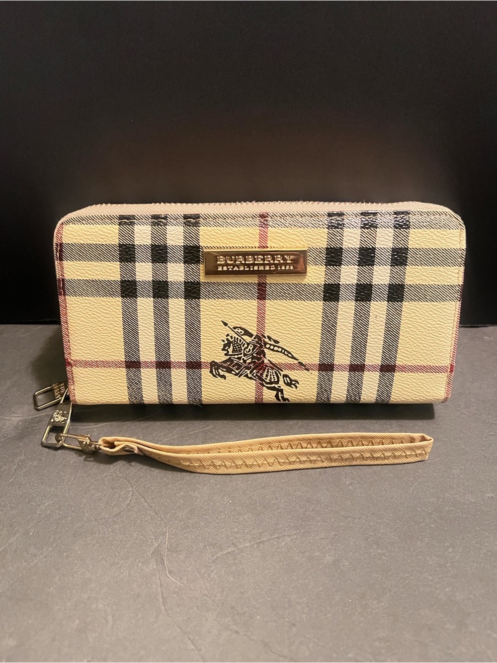 Beige Check Zip-Around Wristlet Wallet